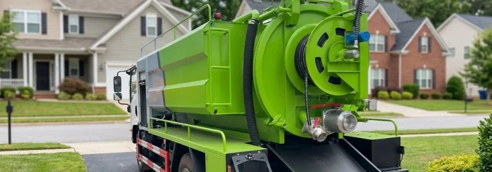Hydro jetting truck parked on a residential street