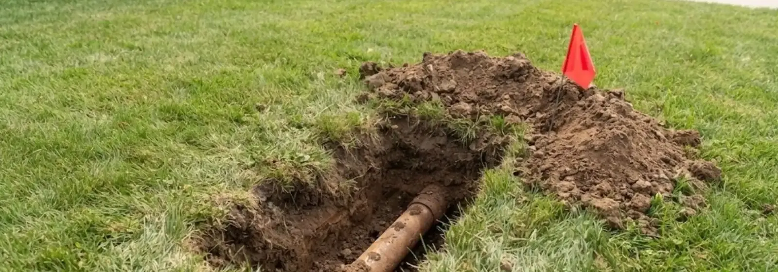Excavated yard trench exposing an old sewer pipe, marked with a flag